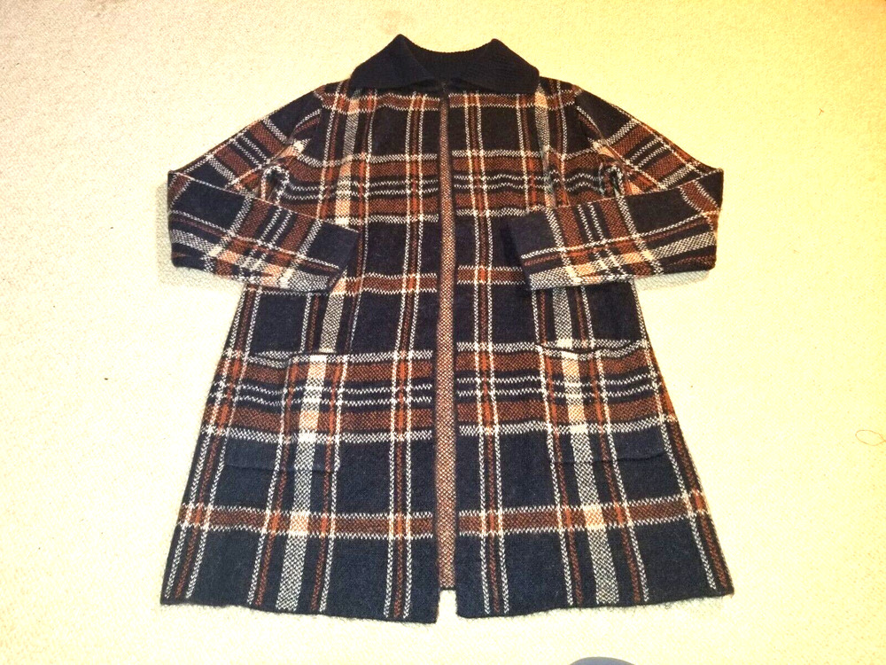 Womens Sweater-TAHARI-navy/orange/wht plaid wool open duster/cardigan Heritage-L